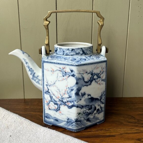 Other - Chinese Porcelain Hexagonal Teapot Brass Handle White & Blue without Lid